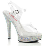 MAJESTY-508DM 5" Heel Size: 5-11 5" (132mm) Heel, 7/8" (25mm) Platform Comfort Width Ankle Strap Sandal Featuring Rhinestones Encrusted All-Over the Entire Platform Bottom