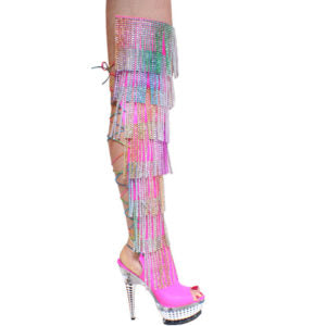 0975: Thigh High,7 Row Rainbow Rhinestone Fringe 6inch platform Boot,